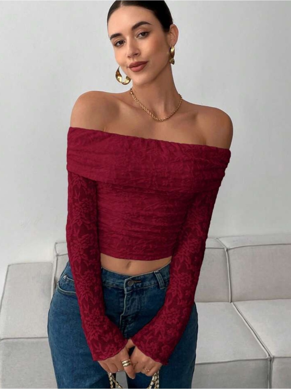 Off-Shoulder Burgundy Textured Crop Top
